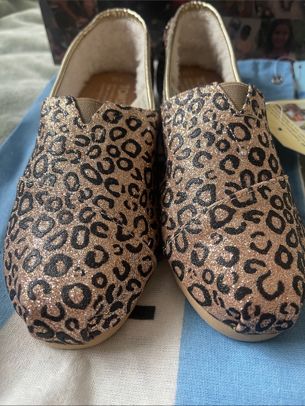 TOMS Kids Leopard Print Slip-On Moccasins - Tan and Black Glitter